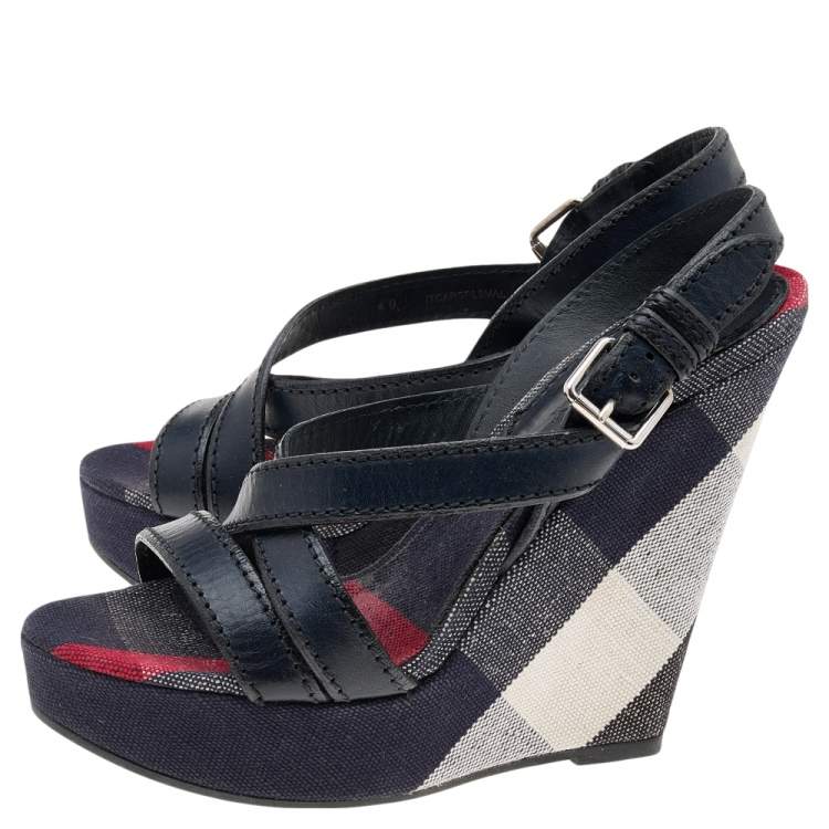 Pre Owned Burberry Black Leather Wedge Sandals Size 40