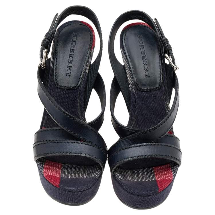 Pre Owned Burberry Black Leather Wedge Sandals Size 40