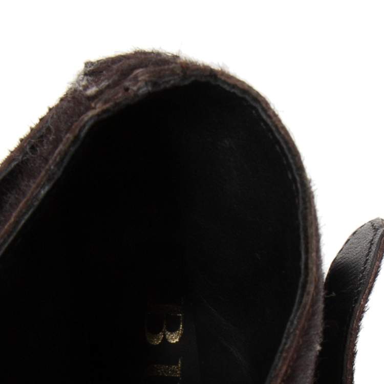 Pre Owned Burberry Dark Brown Calf Hair Buckle Detail Ankle Wedge Boots Size 38