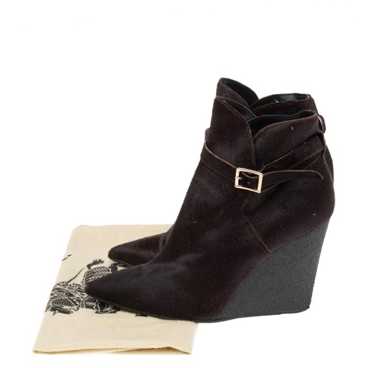 Pre Owned Burberry Dark Brown Calf Hair Buckle Detail Ankle Wedge Boots Size 38