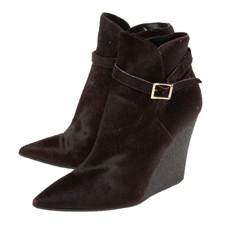 Pre Owned Burberry Dark Brown Calf Hair Buckle Detail Ankle Wedge Boots Size 38