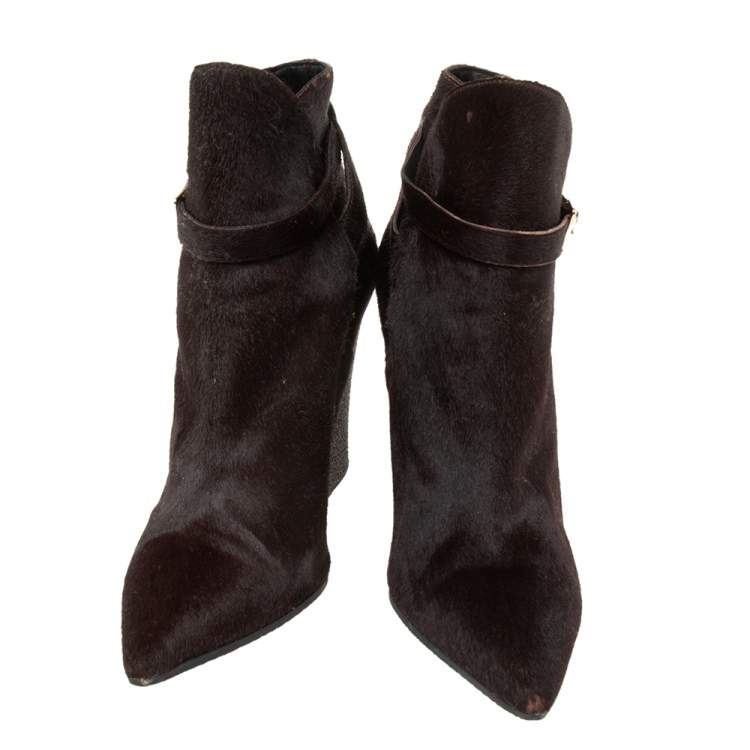Pre Owned Burberry Dark Brown Calf Hair Buckle Detail Ankle Wedge Boots Size 38