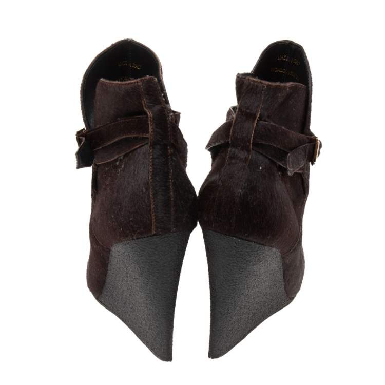 Pre Owned Burberry Dark Brown Calf Hair Buckle Detail Ankle Wedge Boots Size 38