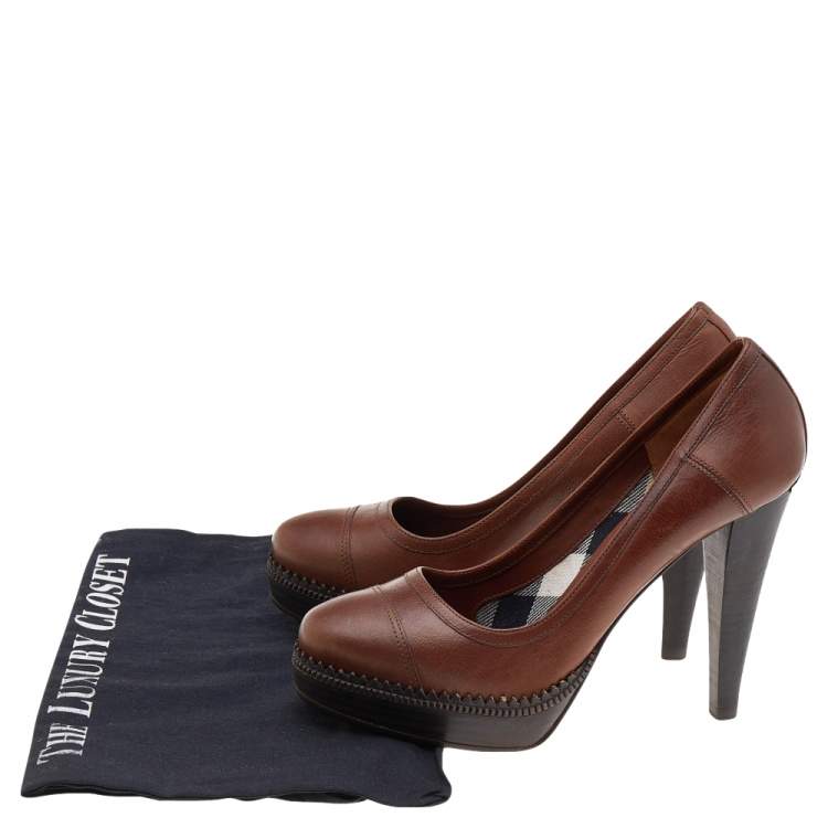 Pre Owned Burberry Brown Leather Platform Pumps Size 36
