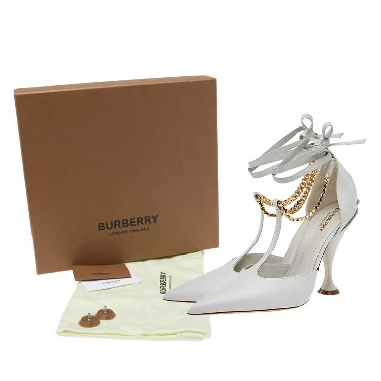 Pre Owned Burberry Pebble Grey Leather Welton Chain Detail T-Strap Ankle-Tie Pumps Size 40
