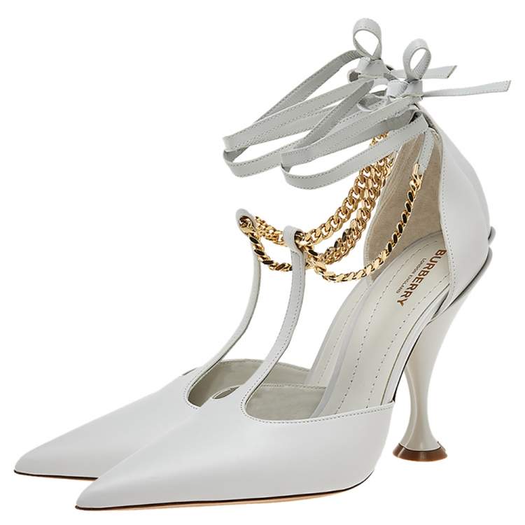 Pre Owned Burberry Pebble Grey Leather Welton Chain Detail T-Strap Ankle-Tie Pumps Size 40