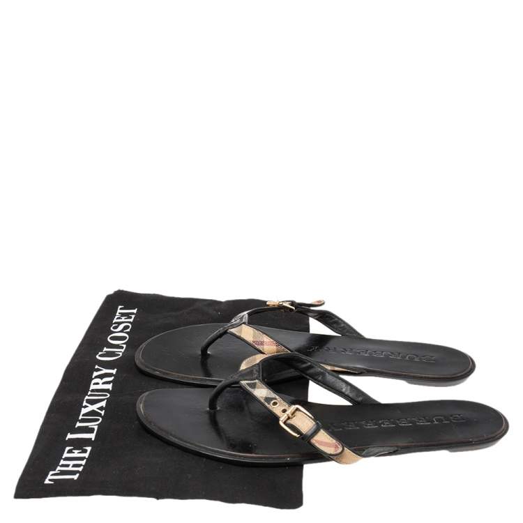 Pre Owned Burberry Black Leather And Canvas Masie Belted Check Thong Sandals Size 40