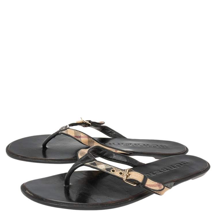 Pre Owned Burberry Black Leather And Canvas Masie Belted Check Thong Sandals Size 40