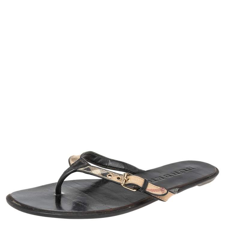 Pre Owned Burberry Black Leather And Canvas Masie Belted Check Thong Sandals Size 40