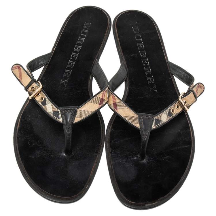 Pre Owned Burberry Black Leather And Canvas Masie Belted Check Thong Sandals Size 40