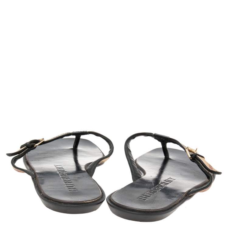 Pre Owned Burberry Black Leather And Canvas Masie Belted Check Thong Sandals Size 40