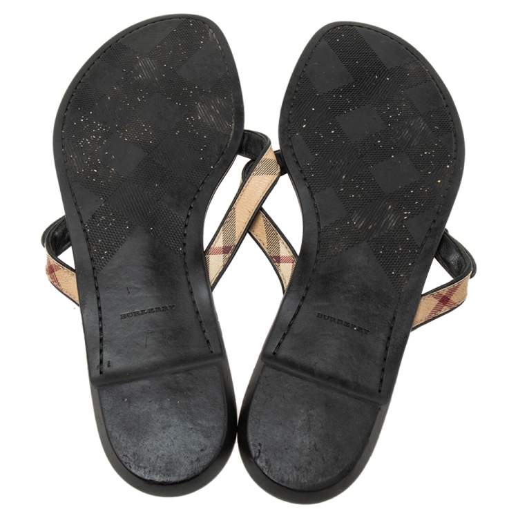 Pre Owned Burberry Black Leather And Canvas Masie Belted Check Thong Sandals Size 40