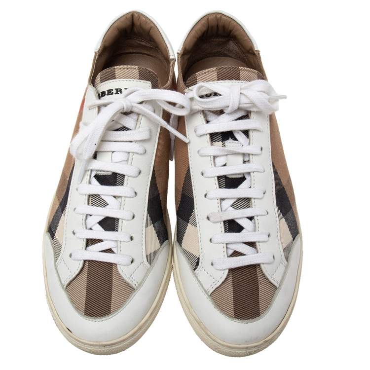 Pre Owned Burberry White/Brown Nova Check Canvas And White Leather Low Top Sneakers Size 38