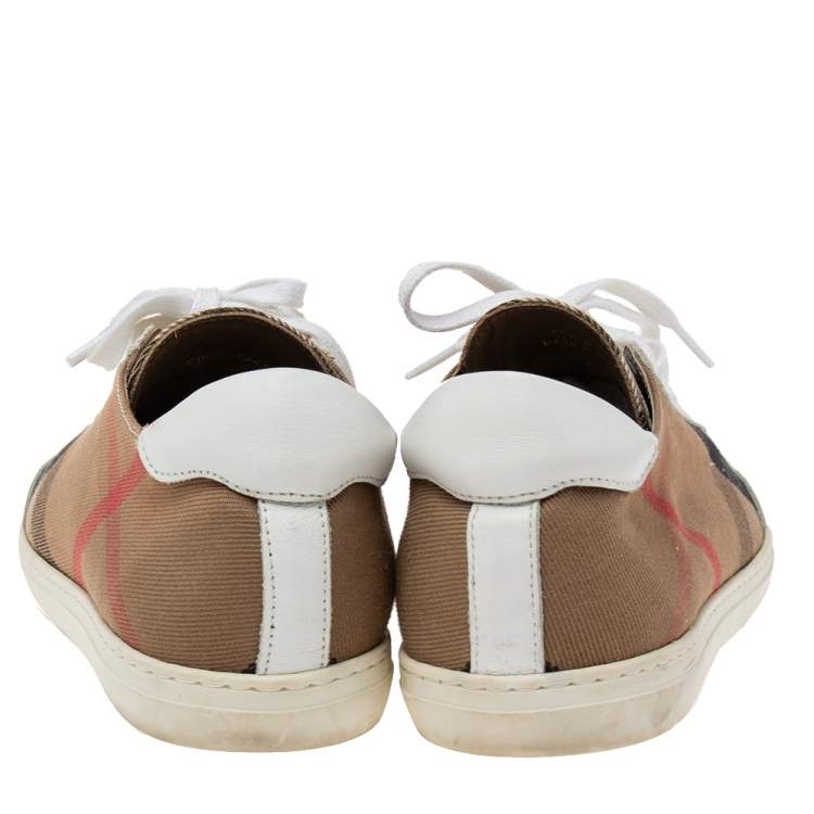 Pre Owned Burberry White/Brown Nova Check Canvas And White Leather Low Top Sneakers Size 38