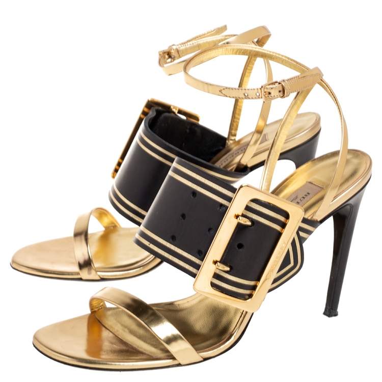 Pre Owned Burberry Metallic Gold Leather Buckle Ankle Strap Sandals Size 40