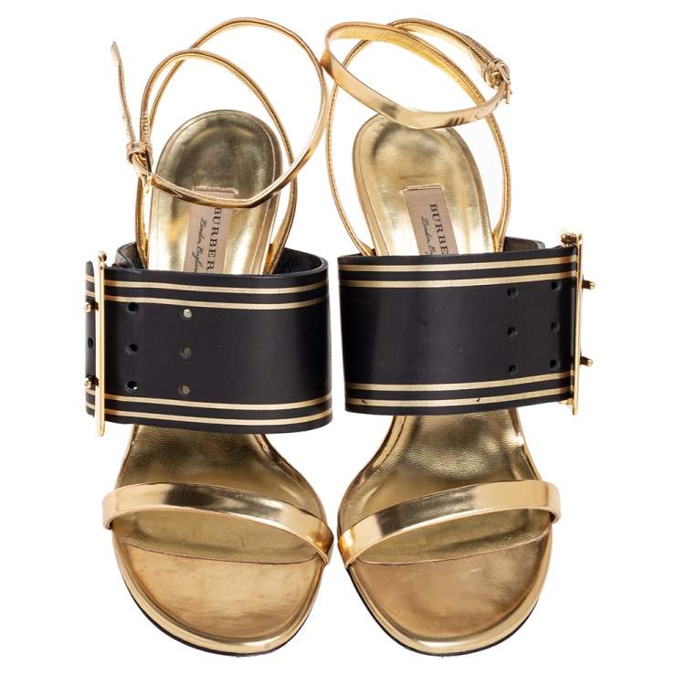 Pre Owned Burberry Metallic Gold Leather Buckle Ankle Strap Sandals Size 40