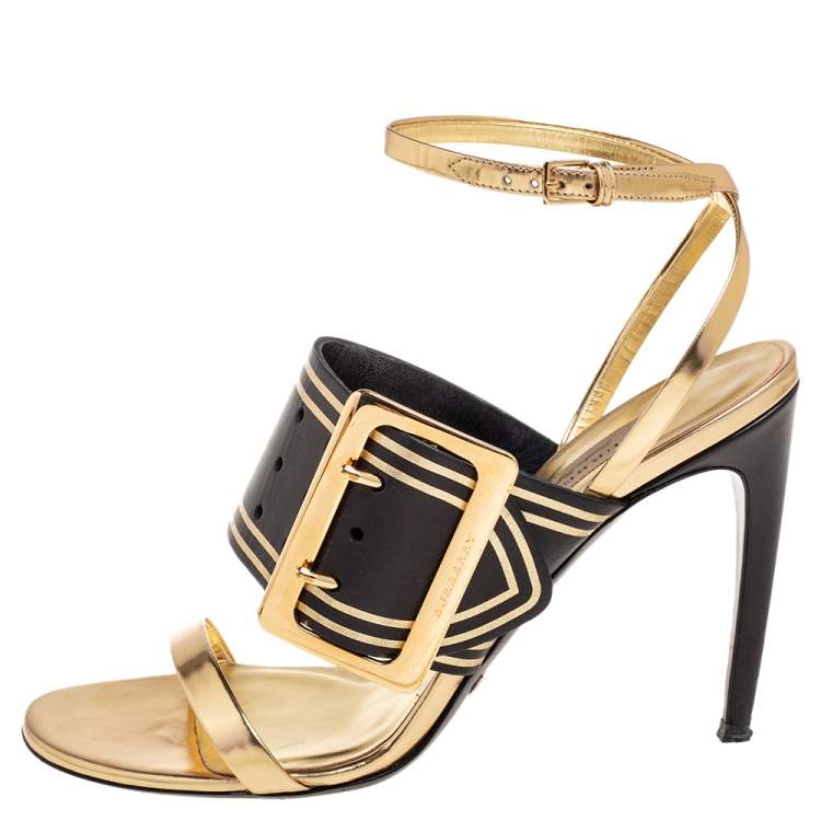 Pre Owned Burberry Metallic Gold Leather Buckle Ankle Strap Sandals Size 40
