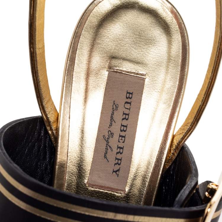 Pre Owned Burberry Metallic Gold Leather Buckle Ankle Strap Sandals Size 40