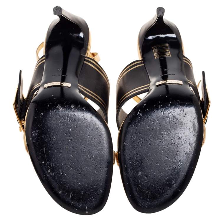 Pre Owned Burberry Metallic Gold Leather Buckle Ankle Strap Sandals Size 40