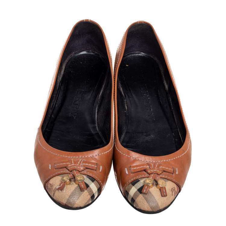Pre Owned Burberry Tan/Beige Leather and Haymarket Check Coated Canvas Bow Toe-Cap Ballet Flats Size 39