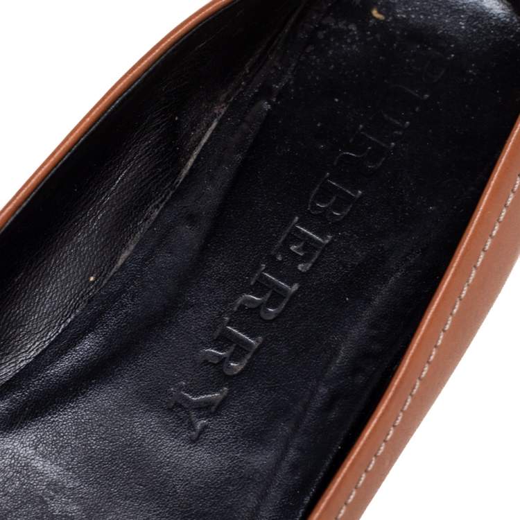 Pre Owned Burberry Tan/Beige Leather and Haymarket Check Coated Canvas Bow Toe-Cap Ballet Flats Size 39
