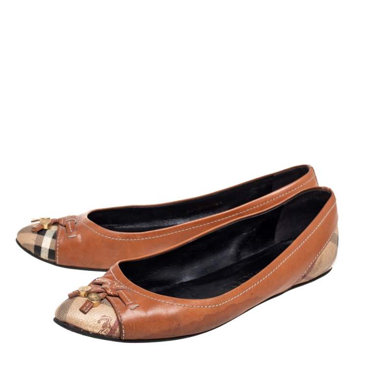 Pre Owned Burberry Tan/Beige Leather and Haymarket Check Coated Canvas Bow Toe-Cap Ballet Flats Size 39
