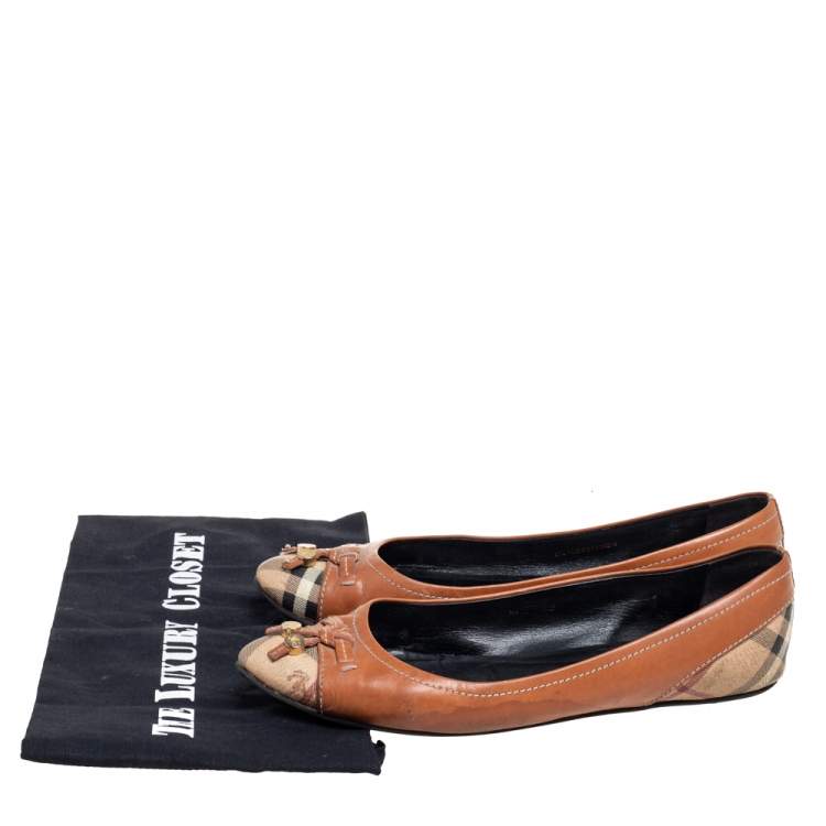 Pre Owned Burberry Tan/Beige Leather and Haymarket Check Coated Canvas Bow Toe-Cap Ballet Flats Size 39