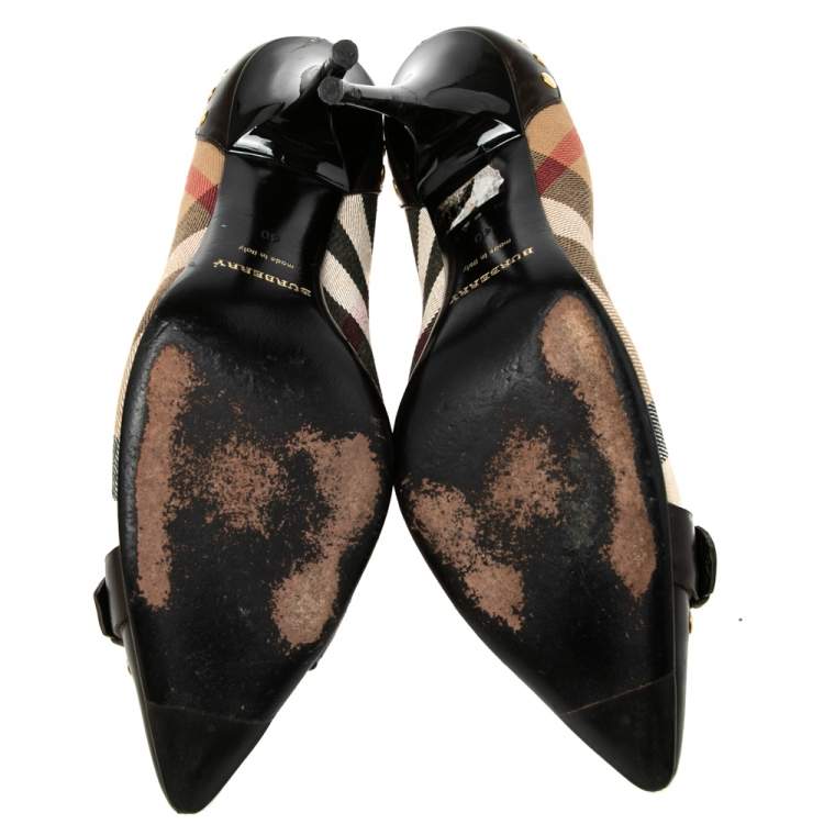 Pre Owned Burberry Brown/Beige House Check Canvas And Leather Pointed Toe  Buckle  Pumps Size 40