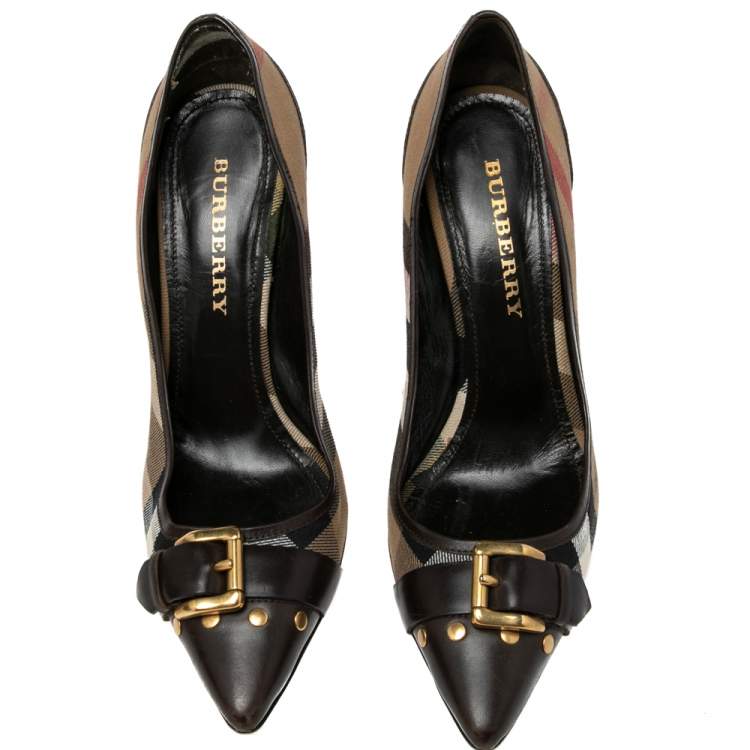 Pre Owned Burberry Brown/Beige House Check Canvas And Leather Pointed Toe  Buckle  Pumps Size 40