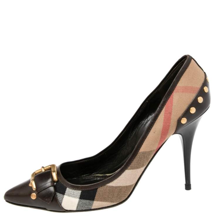 Pre Owned Burberry Brown/Beige House Check Canvas And Leather Pointed Toe  Buckle  Pumps Size 40