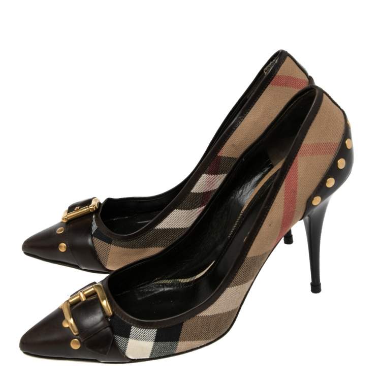 Pre Owned Burberry Brown/Beige House Check Canvas And Leather Pointed Toe  Buckle  Pumps Size 40