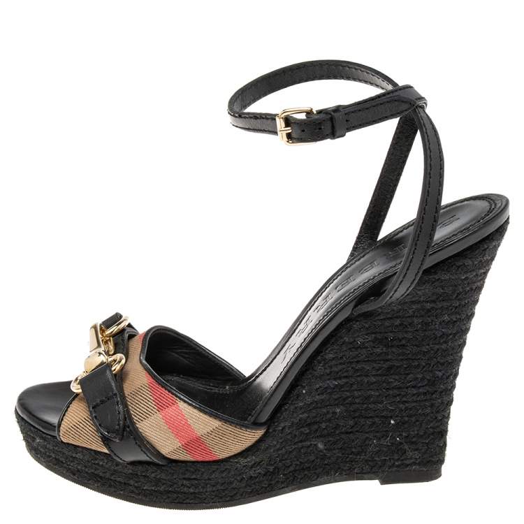 Burberry Black/Beige Canvas And Leather Espadrille Wedge Sandals Size 39  Burberry | TLC