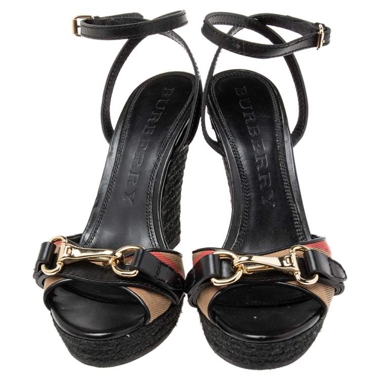 Pre Owned Burberry Black/Beige Canvas And Leather Espadrille Wedge Sandals Size 39
