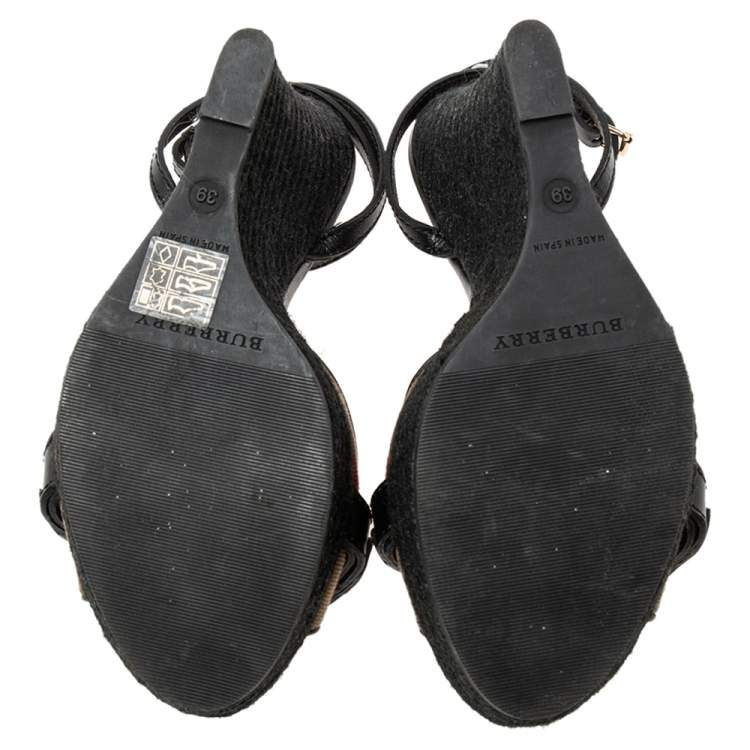Pre Owned Burberry Black/Beige Canvas And Leather Espadrille Wedge Sandals Size 39