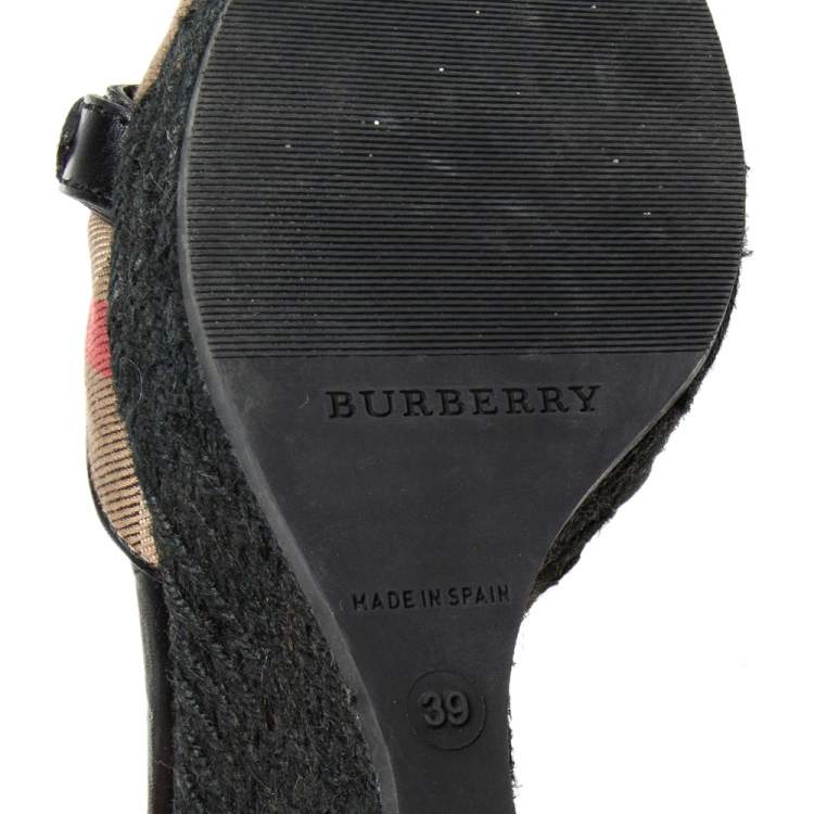 Pre Owned Burberry Black/Beige Canvas And Leather Espadrille Wedge Sandals Size 39