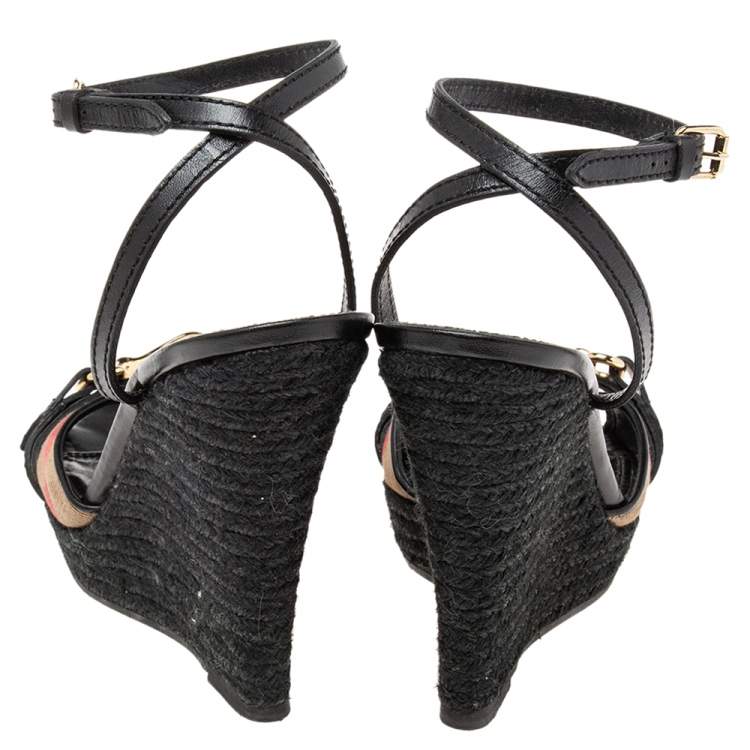 Pre Owned Burberry Black/Beige Canvas And Leather Espadrille Wedge Sandals Size 39