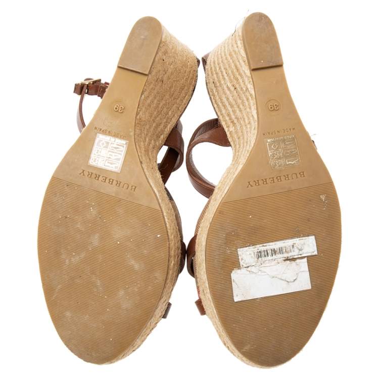 Pre Owned Burberry Brown Leather and Nova Check Canvas Buckle Detail Espadrille Wedge Sandals Size 39