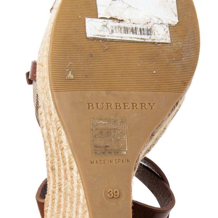 Pre Owned Burberry Brown Leather and Nova Check Canvas Buckle Detail Espadrille Wedge Sandals Size 39