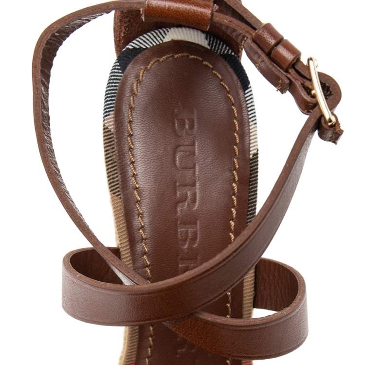 Pre Owned Burberry Brown Leather and Nova Check Canvas Buckle Detail Espadrille Wedge Sandals Size 39