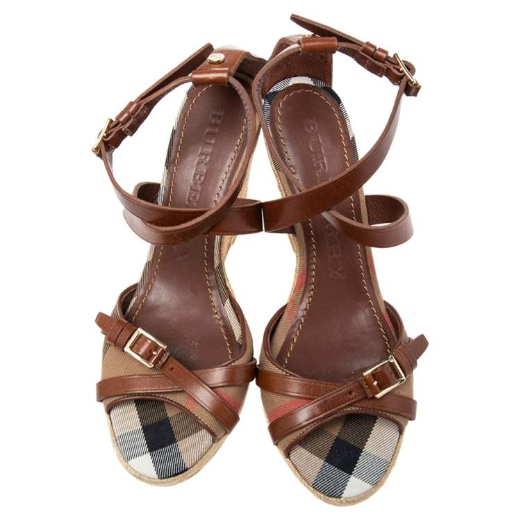 Pre Owned Burberry Brown Leather and Nova Check Canvas Buckle Detail Espadrille Wedge Sandals Size 39