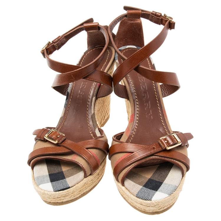 Pre Owned Burberry Brown Leather and Nova Check Canvas Buckle Detail Espadrille Wedge Sandals Size 39
