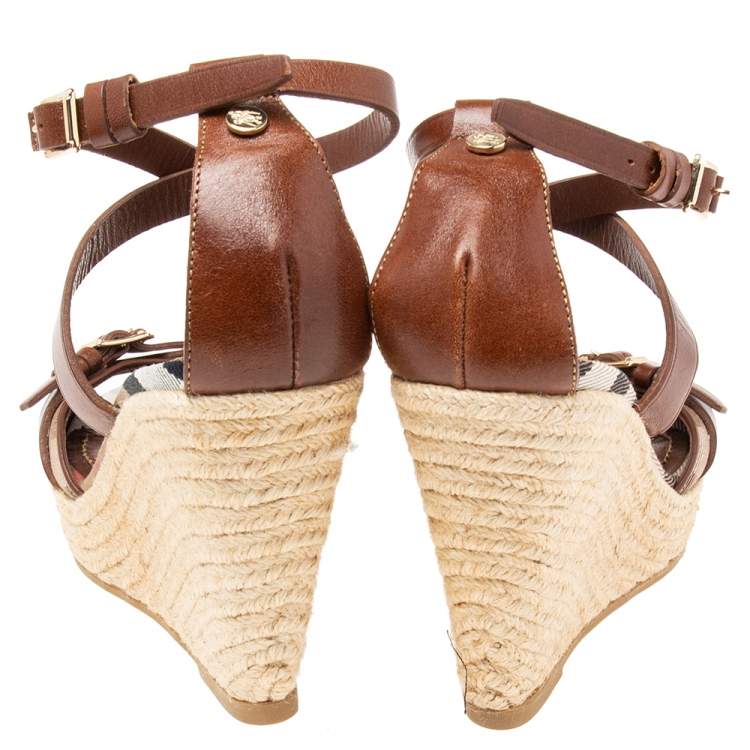 Pre Owned Burberry Brown Leather and Nova Check Canvas Buckle Detail Espadrille Wedge Sandals Size 39