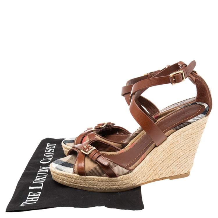 Pre Owned Burberry Brown Leather and Nova Check Canvas Buckle Detail Espadrille Wedge Sandals Size 39