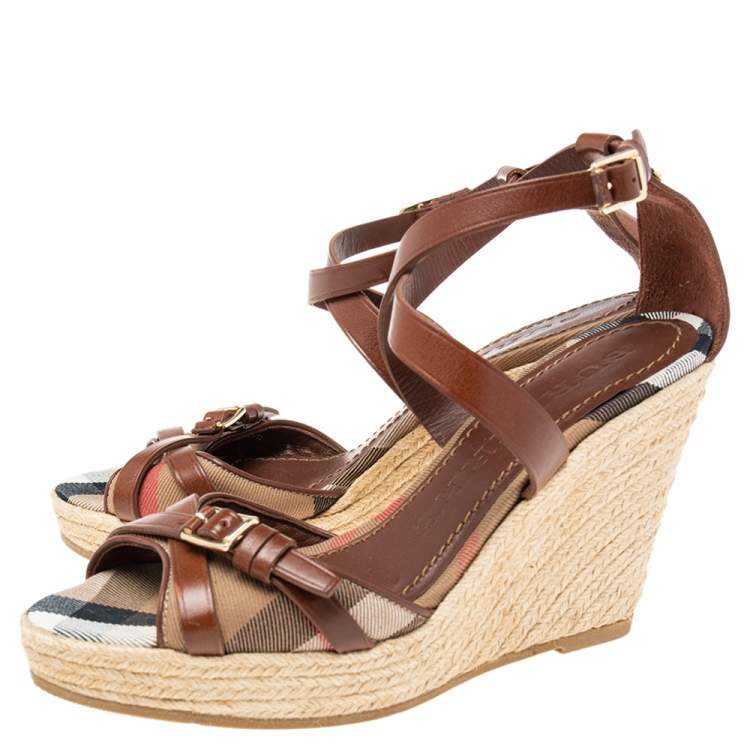 Pre Owned Burberry Brown Leather and Nova Check Canvas Buckle Detail Espadrille Wedge Sandals Size 39