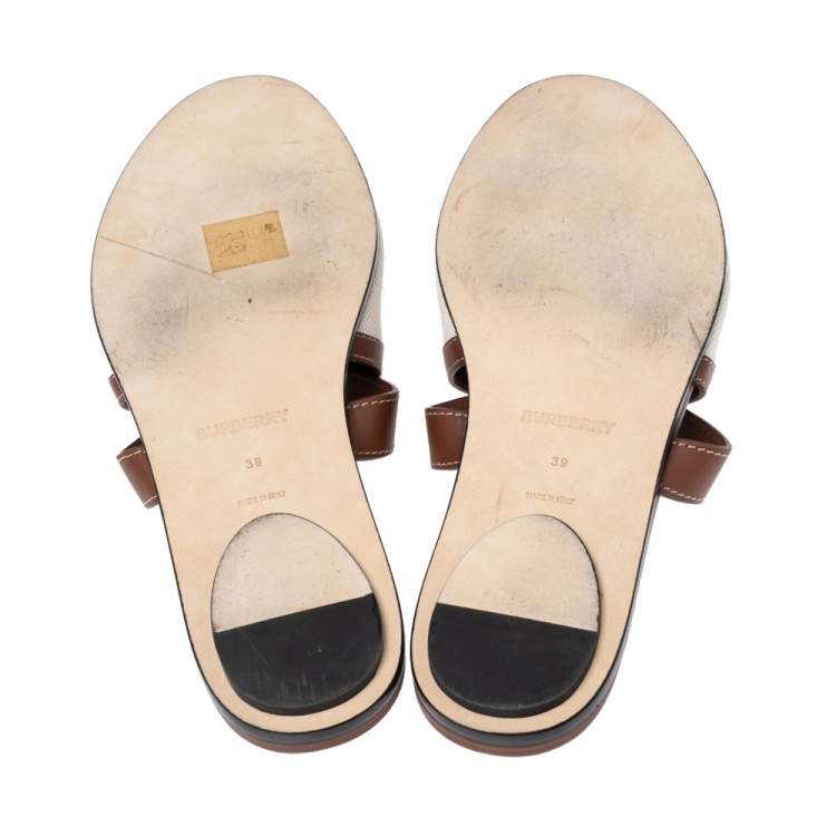 Pre Owned Burberry Brown/Cream Leather and Cotton Canvas Logo Applique Flat Slides Size 39
