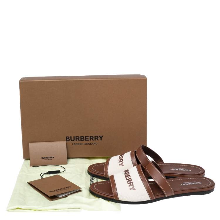Pre Owned Burberry Brown/Cream Leather and Cotton Canvas Logo Applique Flat Slides Size 39