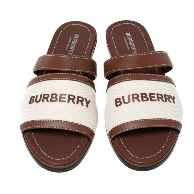 Pre Owned Burberry Brown/Cream Leather and Cotton Canvas Logo Applique Flat Slides Size 39