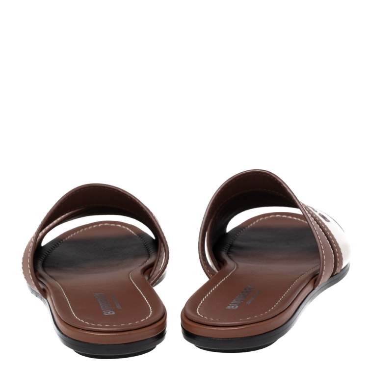 Pre Owned Burberry Brown/Cream Leather and Cotton Canvas Logo Applique Flat Slides Size 39