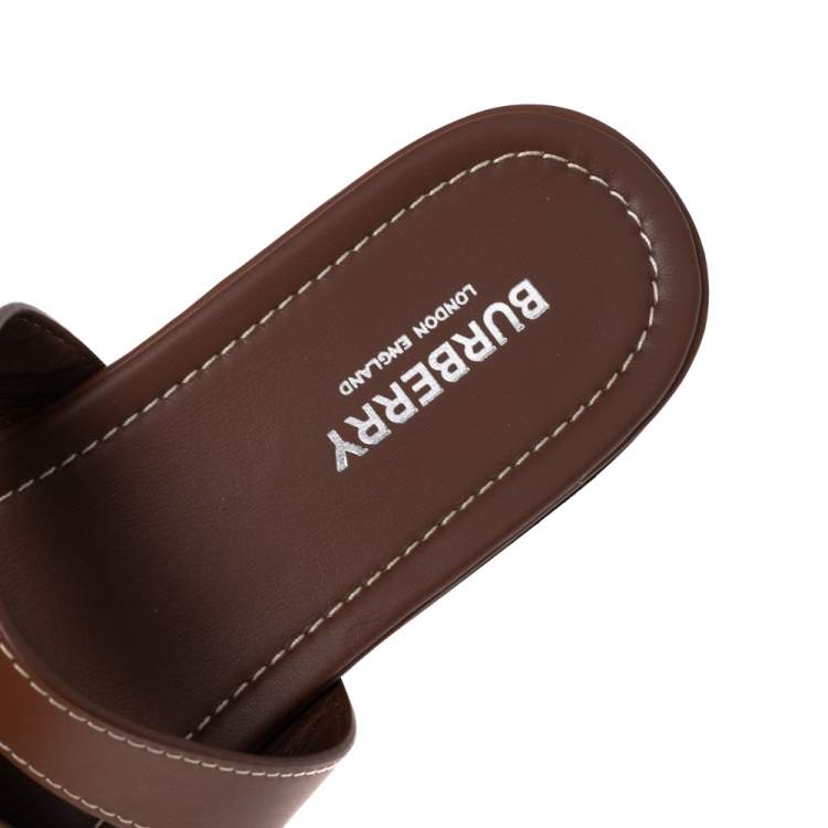 Pre Owned Burberry Brown/Cream Leather and Cotton Canvas Logo Applique Flat Slides Size 39