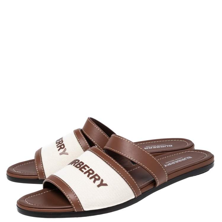 Pre Owned Burberry Brown/Cream Leather and Cotton Canvas Logo Applique Flat Slides Size 39